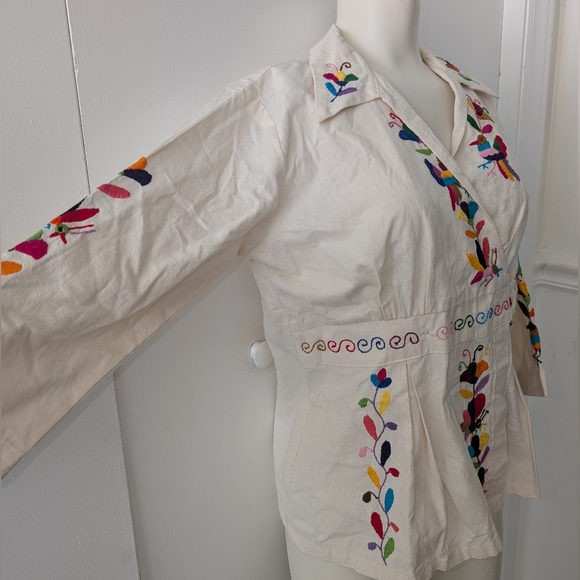 Otomi Blouse Hand embroidered Neutral and multicolor Crossed Top - Picture 7 of 9